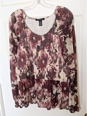 A Love Story Women's Sheer Mesh Floral Smocked Long Sleeve Top Blouse Size XL
